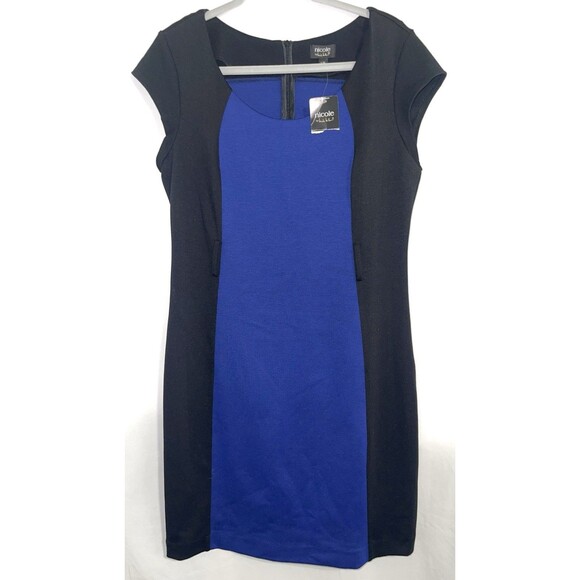 Nicole Miller Dress Black Electric Blue Cap Sleeve Zip Back Women’s Size L New - Picture 1 of 7